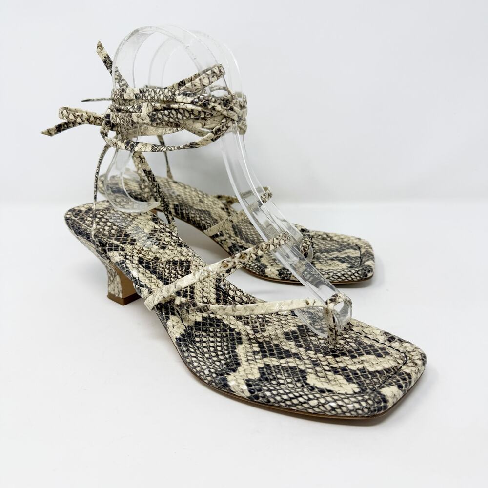 Paris Texas Cream/Brown Snake Print Leather Ankle Wrap Heels 37.5 Made in Italy